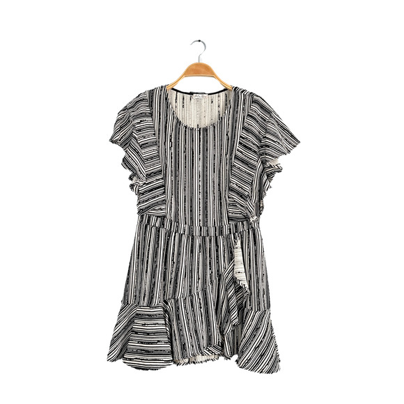 LoveShackFancy Black Cream Textured Flutter Sleeve Mini Wrap Style Dress - Picture 2 of 8